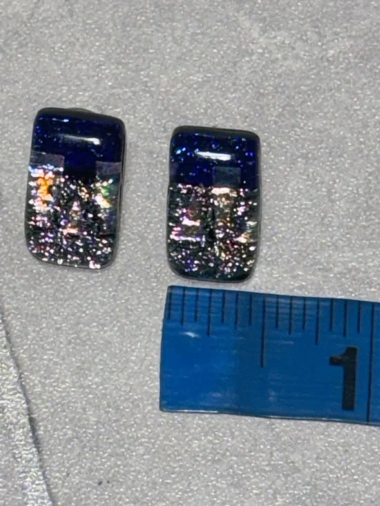 Handcrafted Dichroic Fused Glass Earrings w/ blue and silver shimmering pattern - Picture 6 of 7